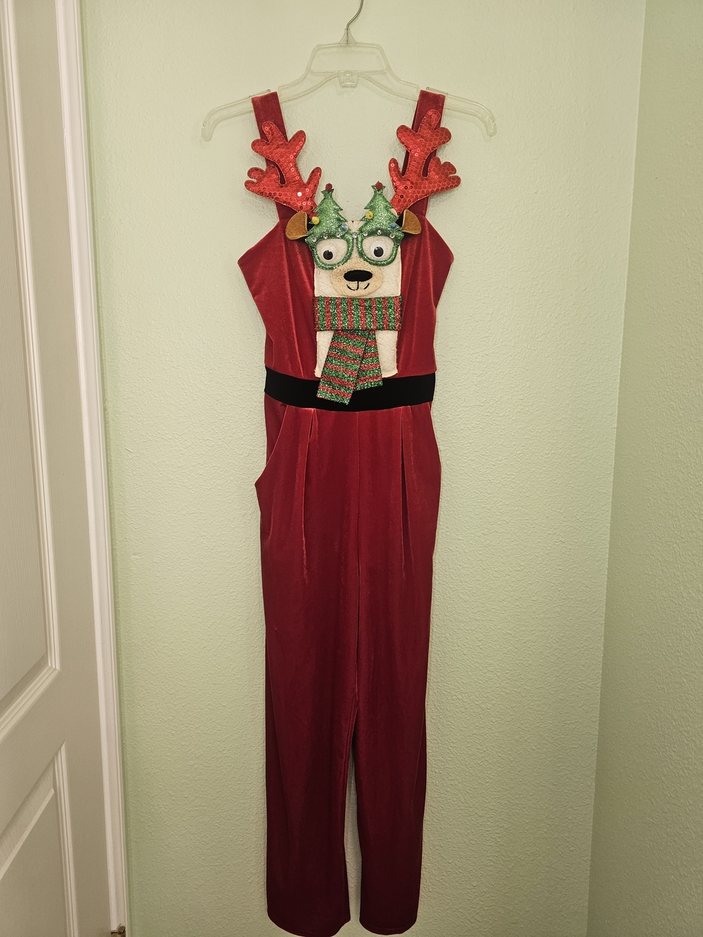 FA Red Velvet Reindeer Jumpsuit with Sequin Antler Detail